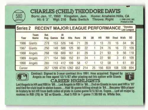 1991 Donruss #580 Chili Davis California Angels Baseball Cards EX/NM ID:57725 - Baseball Card Single