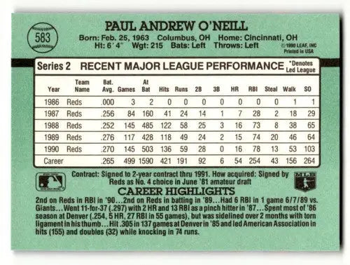 Original gloss Cincinnati Reds baseball trading card of Paul O’Neill with career stats