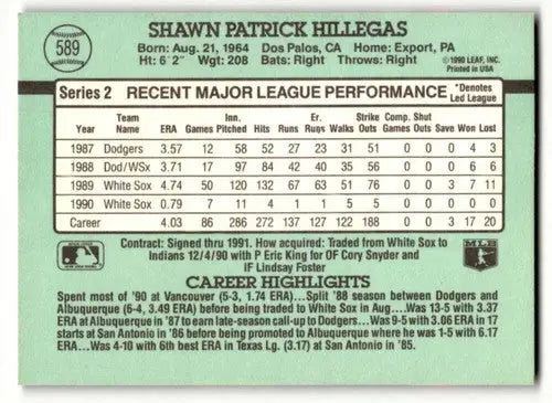 1991 Donruss #589 Shawn Hillegas Chicago White Sox Baseball Cards EX ID:57735 - Baseball Card Single