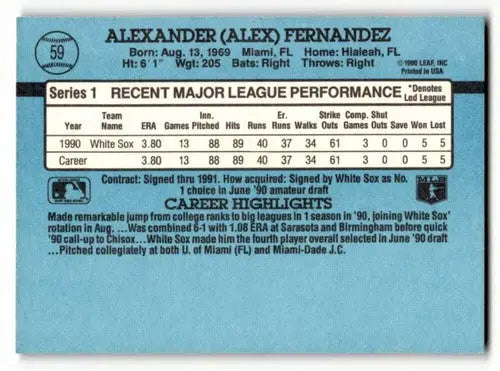 1991 Donruss #59 Alex Fernandez Chicago White Sox Baseball Cards EX/ ID:57654 - Baseball Card Single