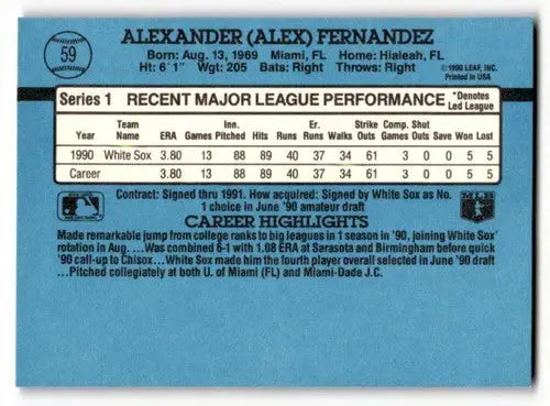 1991 Donruss #59 Alex Fernandez Chicago White Sox Baseball Cards EX/ ID:57731 - Baseball Card Single