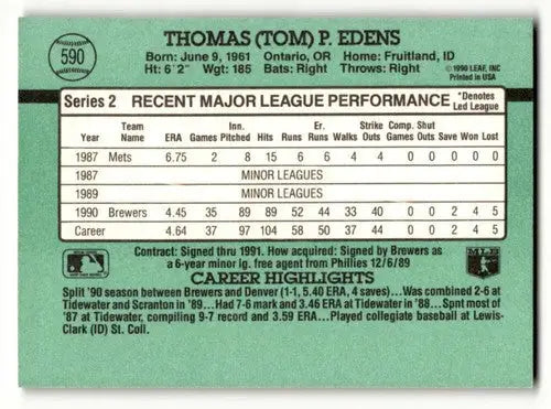 1991 Donruss #590 Tom Edens Milwaukee Brewers Baseball Cards EX/NM ID:57723 - Baseball Card Single