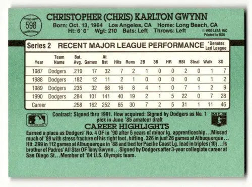 Original gloss Chris Gwynn Los Angeles Dodgers baseball card 1991 Donruss #598