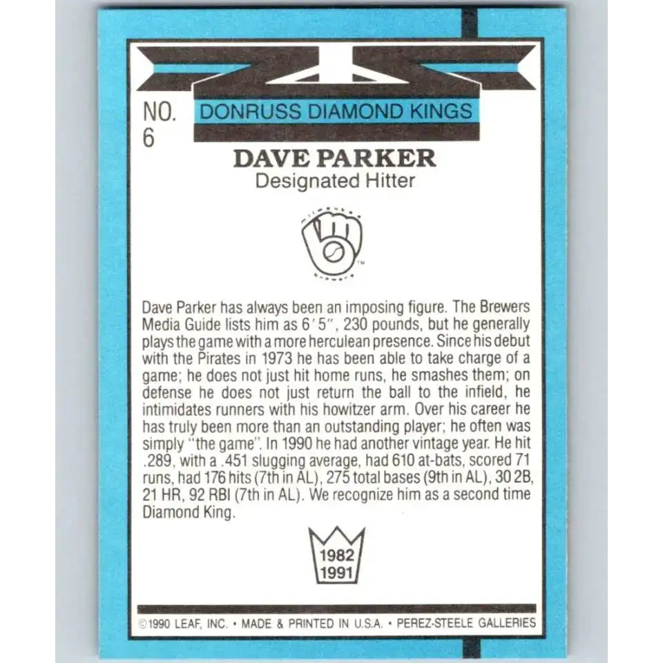 1991 Donruss #6 Dave Parker DK NM-MT Milwaukee Brewers Baseball Card - Baseball Card Single