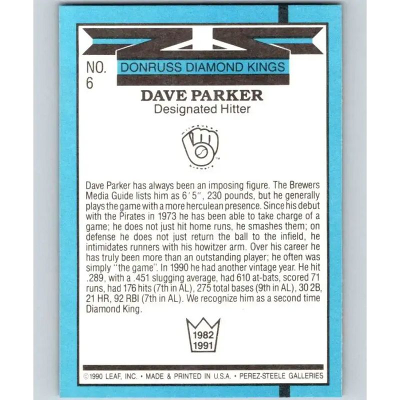 1991 Donruss #6 Dave Parker DK NM-MT Milwaukee Brewers Baseball Card - Baseball Card Single