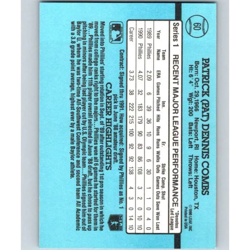 1991 Donruss #60 Pat Combs NM-MT Philadelphia Phillies Baseball Card - Baseball Card Single