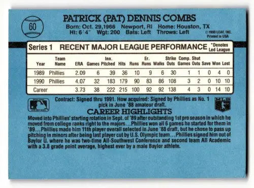 Back of 1991 Donruss Pat Combs Philadelphia Phillies baseball card with original gloss