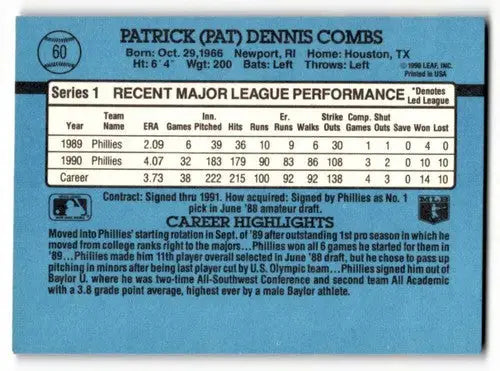 Baseball card back showing Pat Combs Phillies baseball with original gloss from 1991 Donruss