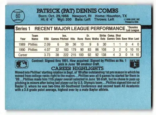 1991 Donruss #60 Pat Combs Philadelphia Phillies Baseball Cards EX/N ID:55366 - Baseball Card Single