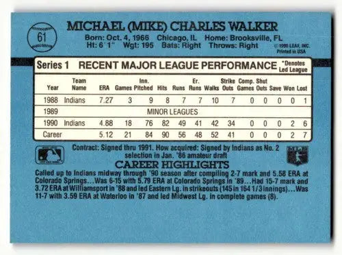 1991 Donruss #61 Mike Walker Cleveland Indians Baseball Cards EX/NM ID:57694 - Baseball Card Single
