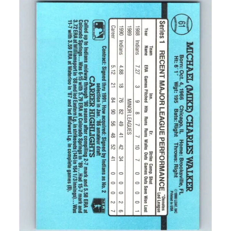 1991 Donruss #61 Mike Walker NM-MT Cleveland Indians Baseball Card - Baseball Card Single