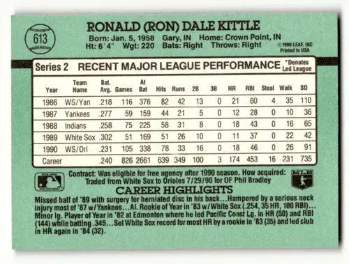 1991 Donruss #613 Ron Kittle Baltimore Orioles Baseball Cards EX/NM ID:57678 - Baseball Card Single