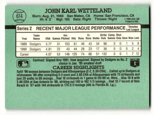 1991 Donruss #614 John Wetteland Los Angeles Dodgers Baseball Cards ID:55294 - Baseball Card Single