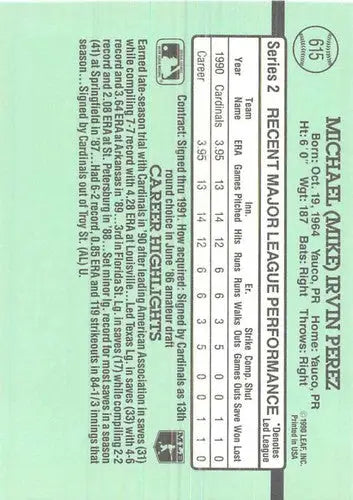 1991 Donruss #615 Mike Perez NM-MT RC Rookie Cardinals - Baseball Card Single