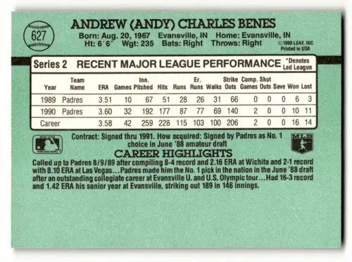 Baseball card back featuring original gloss of Andy Benes San Diego Padres card