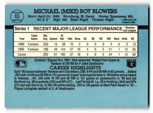 1991 Donruss #63 Mike Blowers New York Yankees Baseball Cards EX/NM ID:57706 - Baseball Card Single