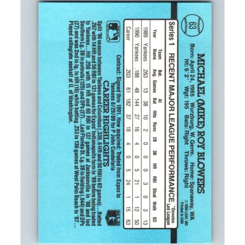 1991 Donruss #63 Mike Blowers UER NM-MT New York Yankees Baseball Card - Baseball Card Single