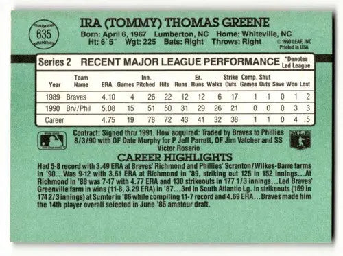 1991 Donruss #635 Tommy Greene Philadelphia Phillies Baseball Cards ID:55363 - Baseball Card Single