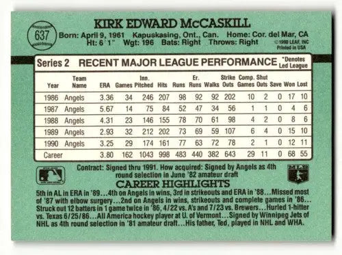 1991 Donruss #637 Kirk McCaskill California Angels Baseball Cards EX ID:57659 - Baseball Card Single