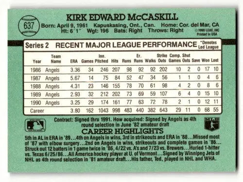 1991 Donruss #637 Kirk McCaskill California Angels Baseball Cards EX ID:57728 - Baseball Card Single