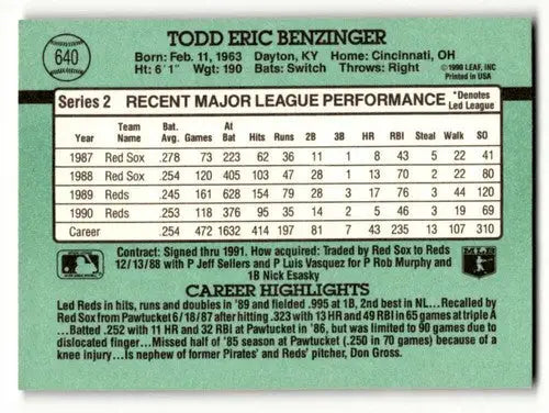 Back of 1991 Donruss Todd Benzinger Cincinnati Reds baseball card with original gloss