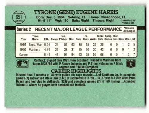 Original gloss baseball trading card featuring Gene Harris Seattle Mariners player stats