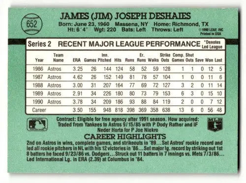 Baseball card back featuring original gloss for Jim Deshaies Houston Astros 1991 Donruss card
