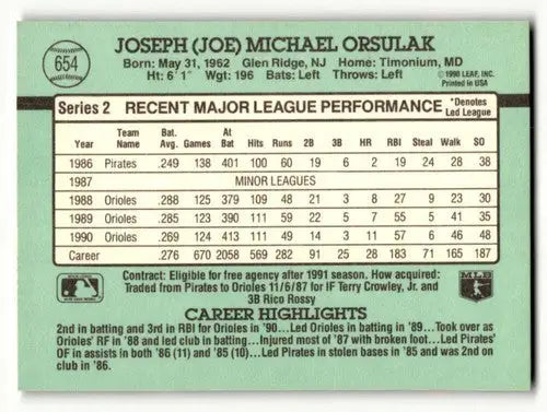 1991 Donruss #654 Joe Orsulak Baltimore Orioles Baseball Cards EX/NM ID:57682 - Baseball Card Single