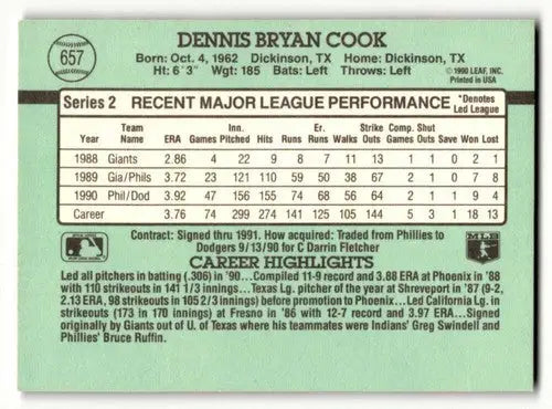 1991 Donruss #657 Dennis Cook Los Angeles Dodgers Baseball Cards EX/ ID:55284 - Baseball Card Single