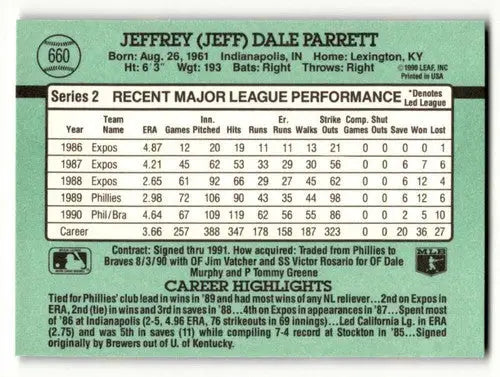 Reverse side of 1991 Donruss Jeff Parrett Atlanta Braves baseball card with player stats