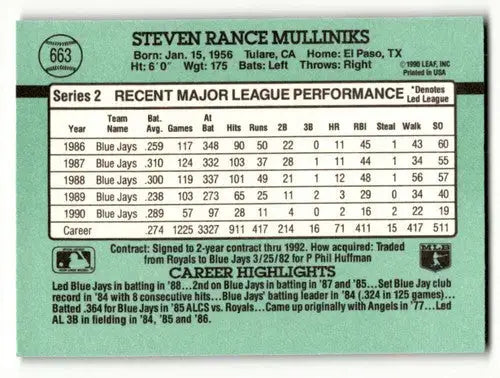 Vintage Steven Rance Mulliniks baseball card featuring Mulliniks Toronto Blue Jays player