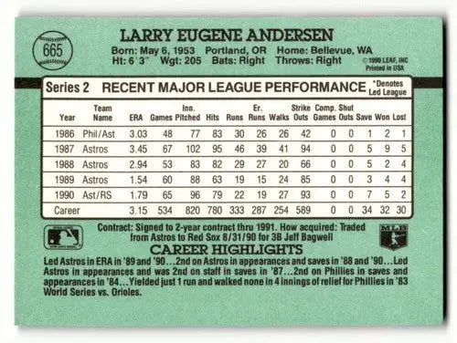Baseball card featuring Larry Andersen with player stats for Boston Red Sox team