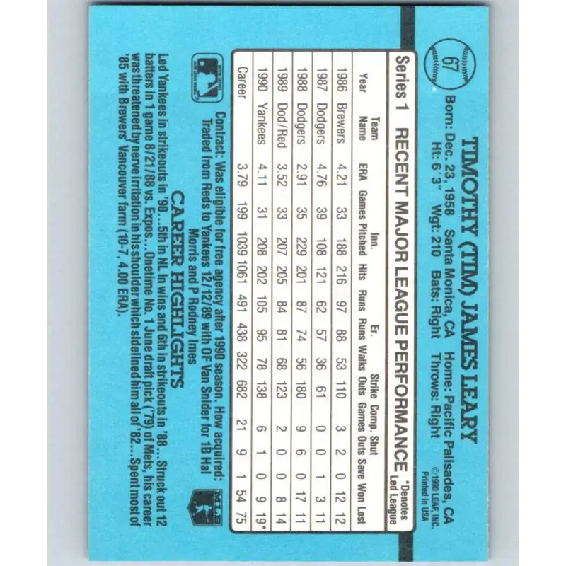 1991 Donruss #67 Tim Leary NM-MT New York Yankees Baseball Card - Baseball Card Single