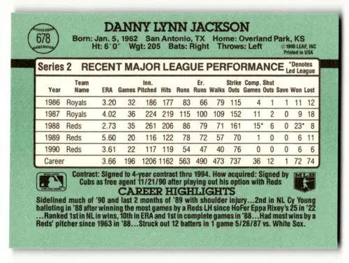 Back of a baseball card with player stats showing original gloss for Danny Jackson Chicago Cubs