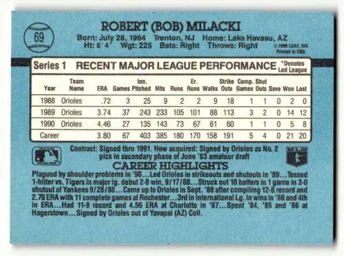 1991 Donruss #69 Bob Milacki Baltimore Orioles Baseball Cards EX/NM ID:57683 - Baseball Card Single