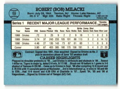 1991 Donruss #69 Bob Milacki Baltimore Orioles Baseball Cards EX/NM ID:57700 - Baseball Card Single