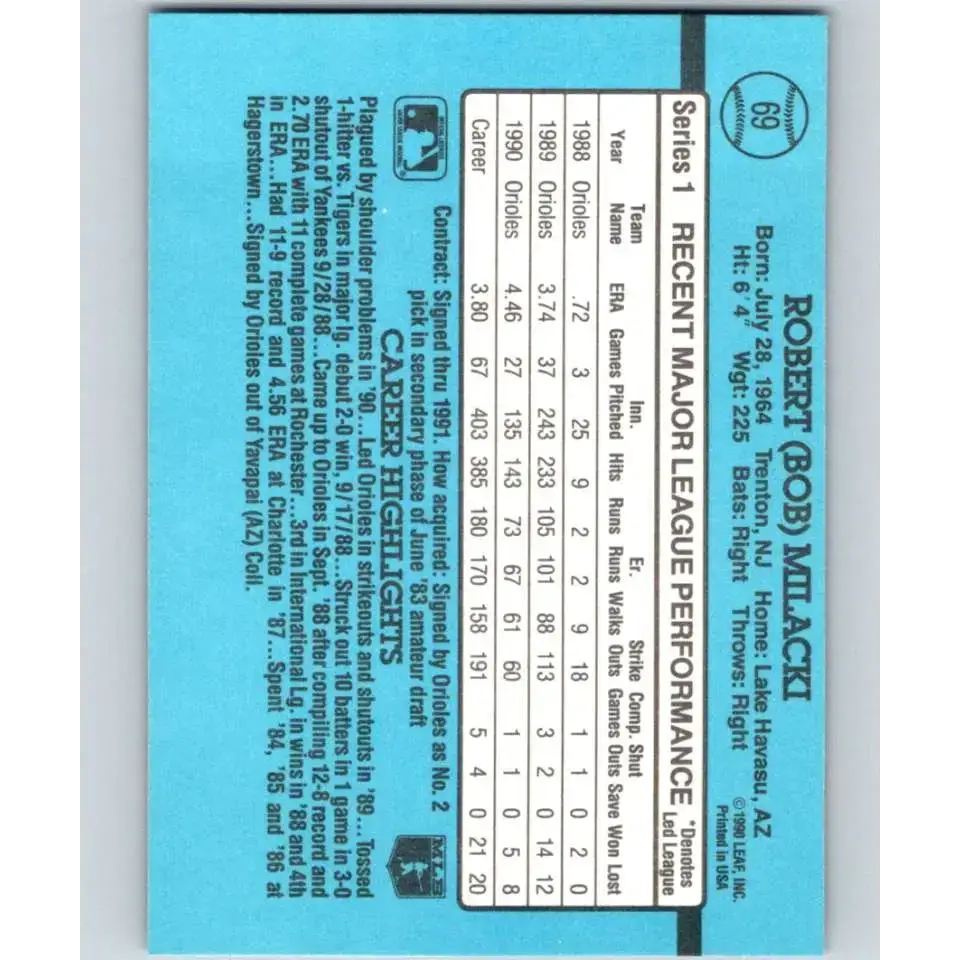 1991 Donruss #69 Bob Milacki NM-MT Baltimore Orioles Baseball Card - Baseball Card Single