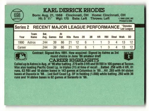 Baseball card back of 1991 Donruss Karl Rhodes Houston Astros card EX/NM
