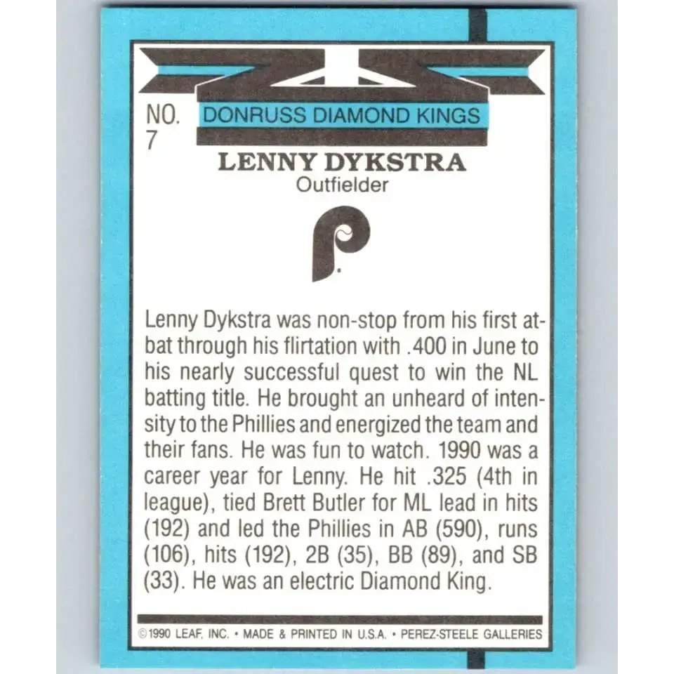 1991 Donruss #7 Lenny Dykstra DK NM-MT Philadelphia Phillies Baseball Card - Baseball Card Single