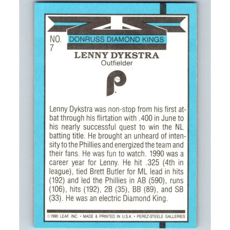1991 Donruss #7 Lenny Dykstra DK NM-MT Philadelphia Phillies Baseball Card - Baseball Card Single