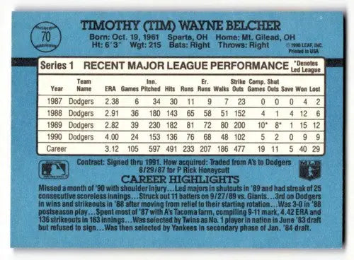 Tim Belcher Los Angeles Dodgers baseball card from 1991 Donruss #70, EX/N condition