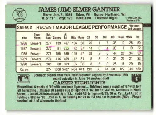 1991 Donruss #703 Jim Gantner Milwaukee Brewers Baseball Cards EX/NM ID:57720 - Baseball Card Single