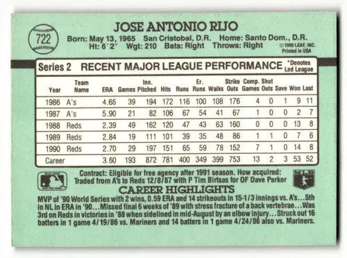 Jose Rijo Cincinnati Reds baseball card from 1991 Donruss #722, EX/NM condition