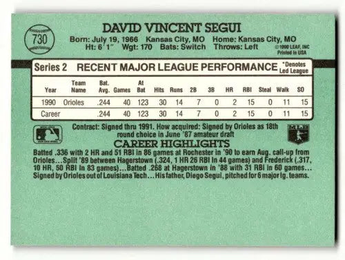 1991 Donruss #730 David Segui Baltimore Orioles Baseball Cards EX/NM ID:57681 - Baseball Card Single