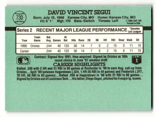 Back of 1990 Leaf Series 2 David Segui Baltimore Orioles baseball card with original gloss
