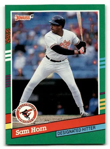 Original gloss 1991 Donruss Sam Horn Baltimore Orioles baseball card featuring Horn Baltimore Orioles