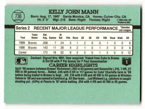 1991 Donruss #736 Kelly Mann Atlanta Braves Baseball Cards NM Near M ID:61440 - Baseball Card Single