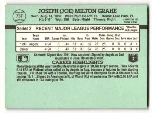 1991 Donruss #737 Joe Grahe California Angels Baseball Cards EX/NM ID:57655 - Baseball Card Single