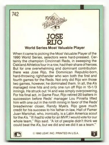 1991 Donruss #742 Jose Rijo Cincinnati Reds Baseball Cards EX/NM ID:55299 - Baseball Card Single