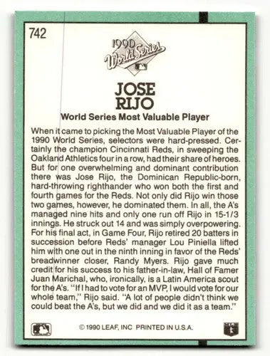 1991 Donruss #742 Jose Rijo Cincinnati Reds Baseball Cards NM Near M ID:61439 - Baseball Card Single